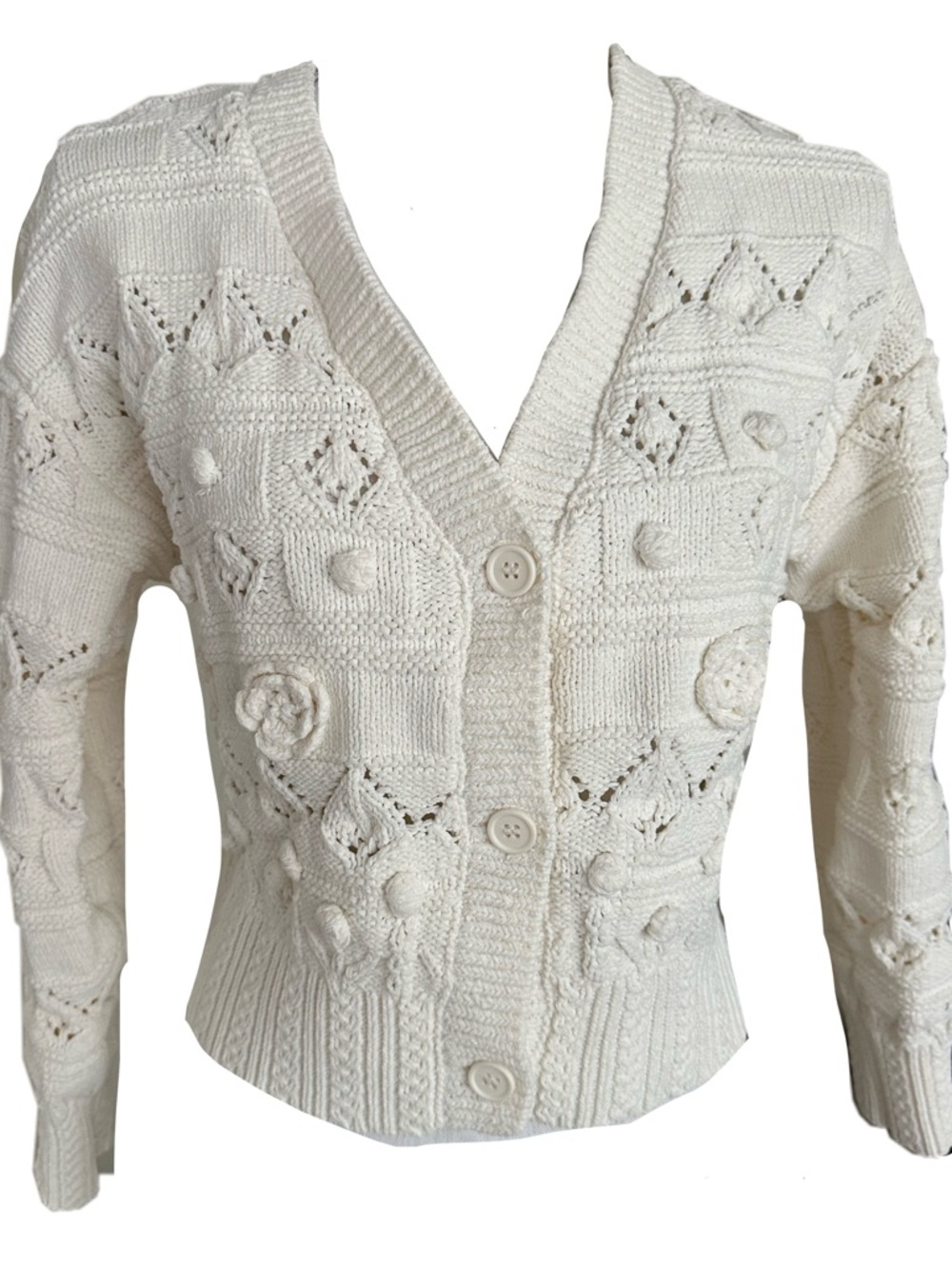 Zara Cream Textured Floral Appliqué Button-Up Cardigan